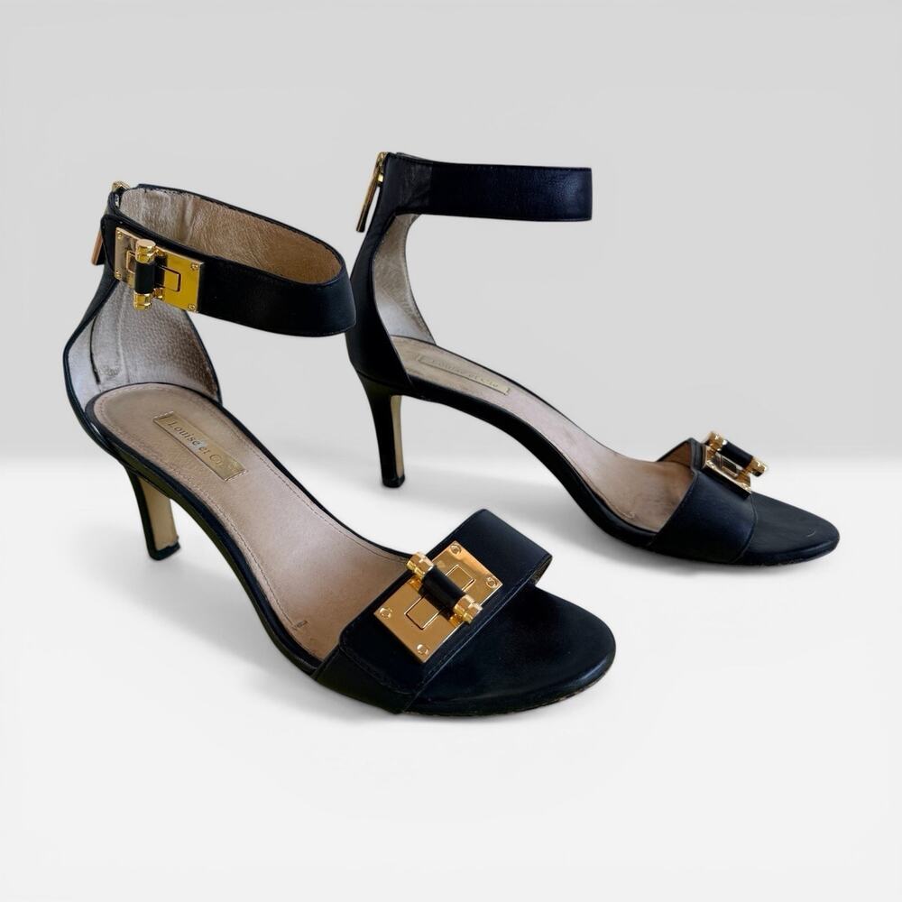 Black Ankle-Strap Heeled Sandals with Gold Hardware